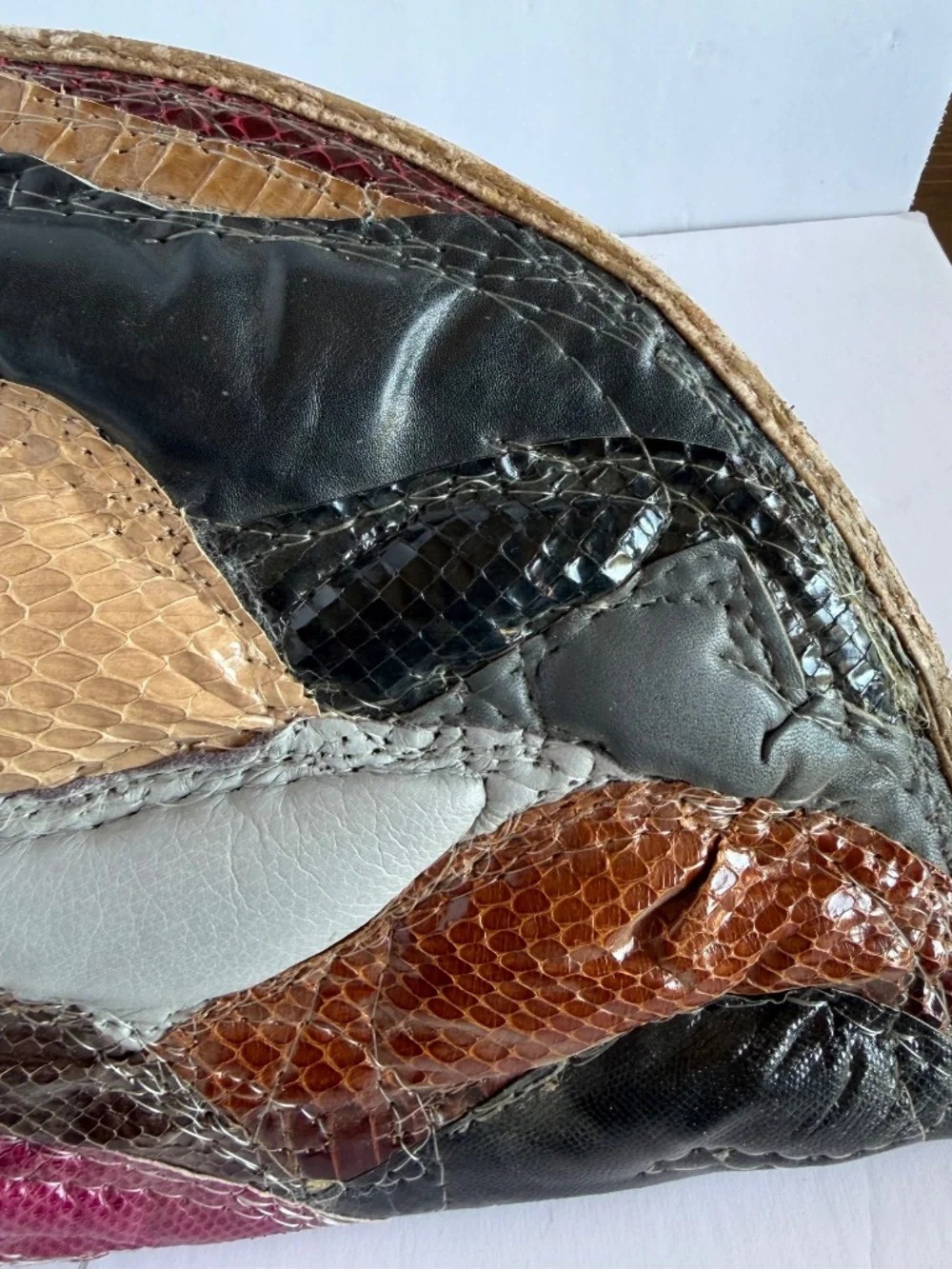 Vintage Clutch Made of a Collage of Leather & Dyed Reptile Pieces